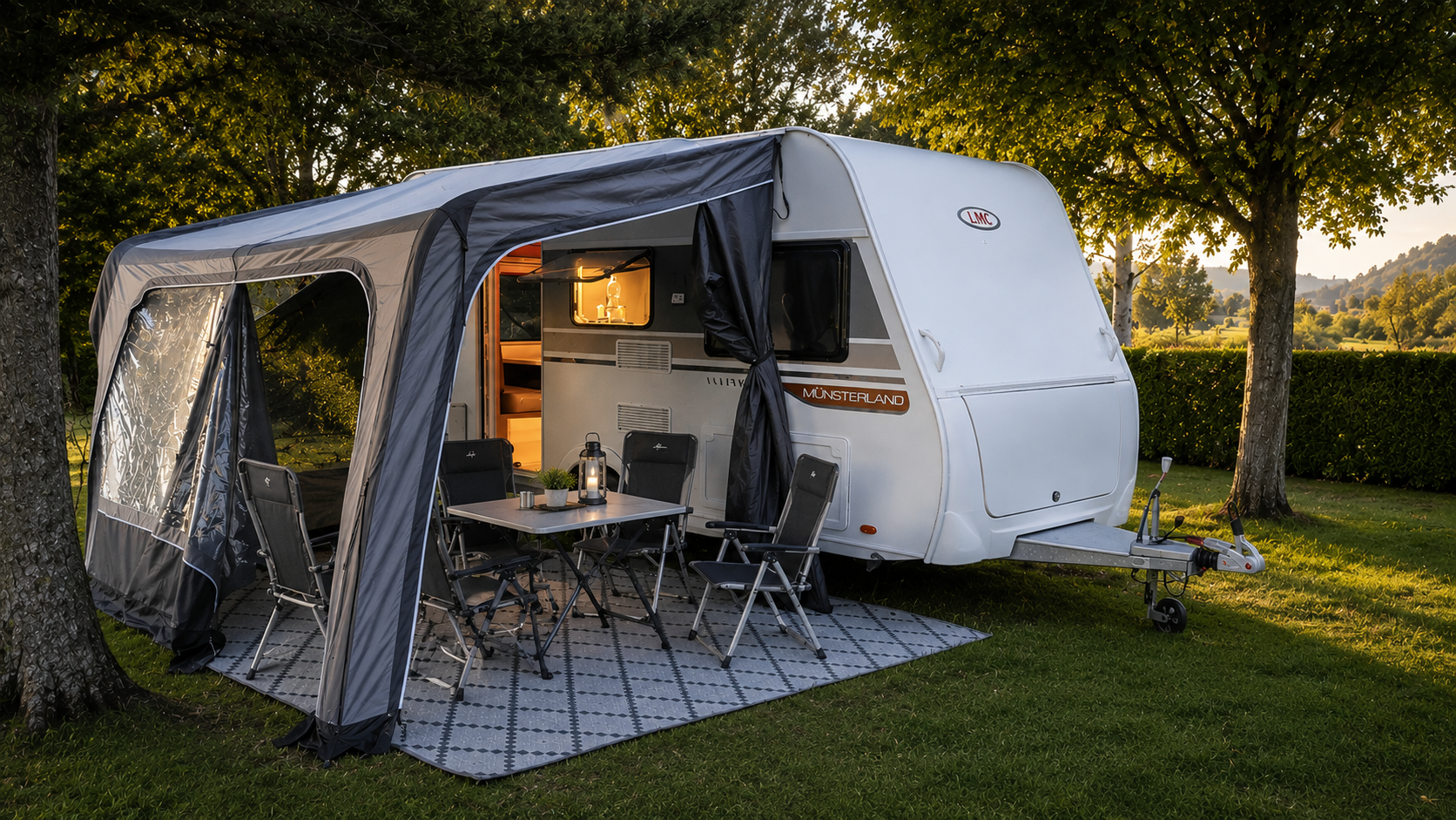 gemütliches caravan camp im abendlicht