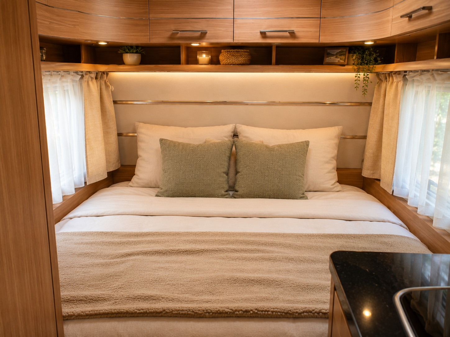 gemütliches schlafzimmer mit holzkabinetten